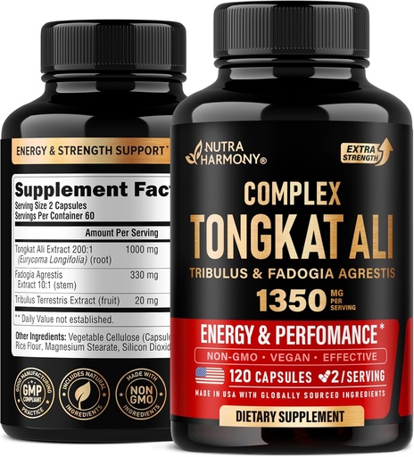 [BRSRAGA3O4ORS2TH] Tongkat Ali Men 1350mg Complex - Fadogia Agrestis | Tribulus Terrestris - Energy, Strength & Performance Support - Extra Strength 200:1 Extract - 3rd Party Tested, Made in USA - 120 Capsules / 2 Month