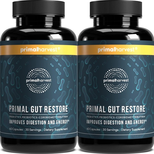 [BRSRMATRAAPRA23K] Primal Harvest 2 Pack, Restore for Gut Health, Primal Gut Restore w/POSTbiotics, PREbiotics and PRObiotics for Women and Men, 60 CT - Digestion, Colon Cleanse, Helps Leaky Gut Repair