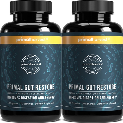 [BRSRMATRAAPRA23K] Primal Harvest 2 Pack, Restore for Gut Health, Primal Gut Restore w/POSTbiotics, PREbiotics and PRObiotics for Women and Men, 60 CT - Digestion, Colon Cleanse, Helps Leaky Gut Repair