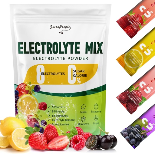 [BRSRAZLRDEDQO2DJ] GREENPEOPLE Electrolytes Powder No Sugar - Sugar Free Hydration Electrolyte Packets - Fruit Flavors Electrolyte Drink Mix - 8 Electrolytes 5 Vitamins & Minerals Vegan Non-GMO 16 Sticks