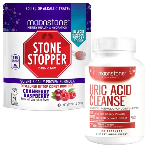 [BRSRGHQOB4ORSALZ] Moonstone Stone Stopper Drink Mix, 30-Day Supply Cranberry/Raspberry + Uric Acid Bundle
