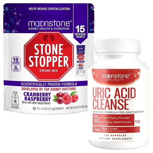 [BRSRGHQOCMNGAC3H] Moonstone Stone Stopper Drink Mix 15-Day Supply Cranberry/Raspberry + Uric Acid Bundle