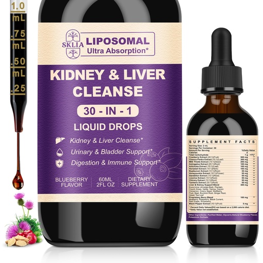[BRSRGBQHDMIB6C3J] 30-in-1 Kidney Cleanse Detox & Repair Drops with Cranberry Extract, Milk Thistle & Chanca Piedra, Vegan Kidney Support Supplement for Urinary Tract & Liver Support | Blueberry Flavor