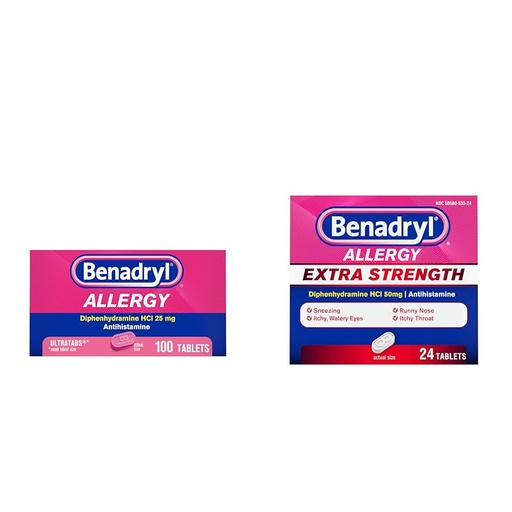 [BRSRAYAKDJ6RA2D6] Benadryl Allergy Relief Tablets 100ct & Extra Strength Antihistamine 50mg Diphenhydramine 24ct