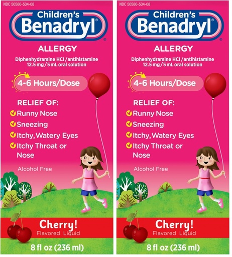 [BRSRAY35DMNGKFL4] Benadryl Children's Allergy Relief Liquid Medicine with Diphenhydramine HCl Antihistamine for Kids, Effective Allergy Relief, Cherry Flavor, 8 fl. oz (Pack of 2)