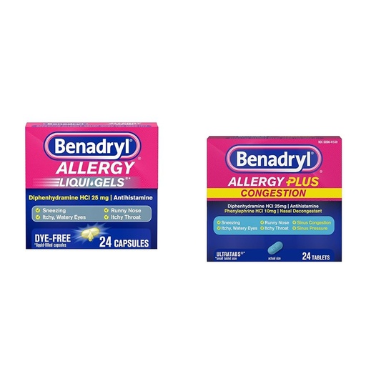 [BRSROAIKC56GYDQ4] Benadryl Liqui-Gels Antihistamine Allergy Medicine & Cold Relief, Dye Free, 24 ct & Allergy Plus Congestion Ultratabs with Diphenhydramine