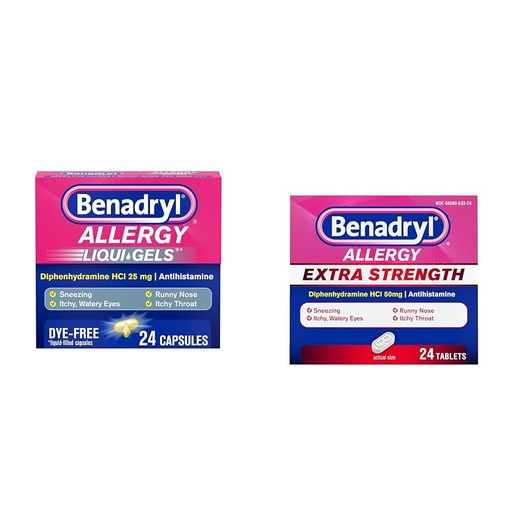 [BRSROCYKOQMA22TB] Benadryl Liqui-Gels Antihistamine Allergy Medicine & Cold Relief, Dye Free, 24 ct & Extra Strength Allergy Relief, 50mg Diphenhydramine Tablets - 24ct