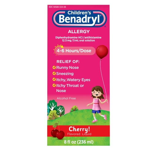 [BRSWKFYEDF4A23AV] Benadryl Children's Allergy Relief Liquid Medicine with Diphenhydramine HCl Antihistamine for Kids, Effective Allergy Relief, Cherry Flavor, 8 fl. oz