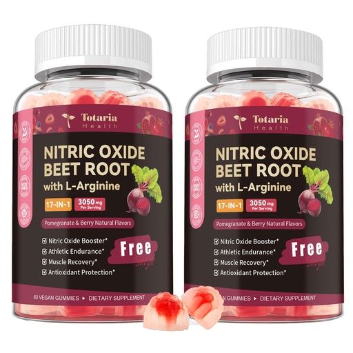 [BRSREBANOQGQ22YY] Totaria (2 Packs) Beet Root Gummies - Beetroot Supplement with Grape Seed, Pomegranate, Vitamin C, B12 & B3 - Nitric Oxide Gummies for Heart, Energy, Muscle & Circulation Support Vegan, Non-GMO