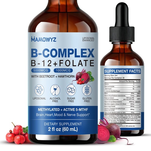 [BRSRGFIQCFYRUFL5] Methylated B Complex - Vitamin B Complex Liquid Drops, B Complex Vitamins for Women, 5000mcg B12, 1000mcg Folate, with Beetroot & Hawthorn, Sugar-Free,Energy, Focus, Heart & Brain, 2 Fl Oz