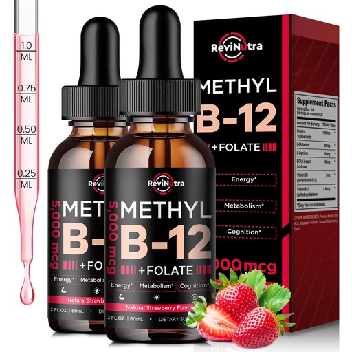 [BRSRACABCMFGMHTD] (2 Pack) Vitamin B12 liquid Drops, B12 vitamins 5000 mcg, Vitamin B Complex Supplement with Methylcobalamin B12 Sublingual, Vitamin B6, Folate for Energy, Brain, Heart Health, Vegan Strawberry Flavor