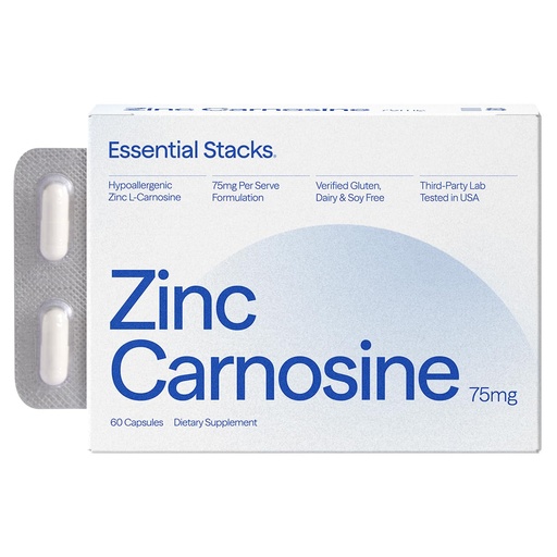 [BRSRECT2CF5QMHLG] Essential Stacks Zinc Carnosine 75mg - Gut Lining Support - Hypoallergenic & Third-Party Tested - 60 Capsules