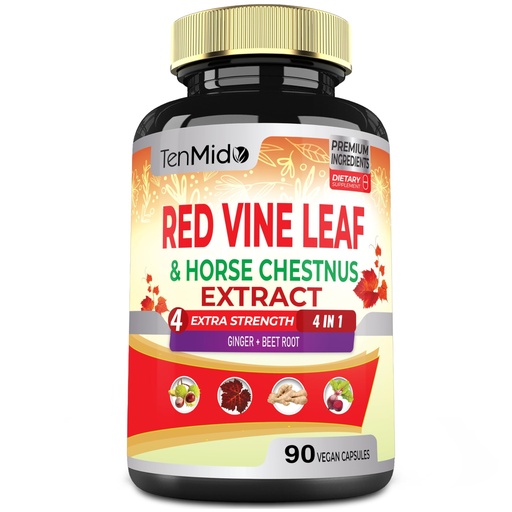 [BRSROZQ5AQGWYE3B] Red Vine Leaf Extract Capsules - with Horse Chestnut, Beet Root, Ginger - Herbal Supplement for Heart, Leg Vein & Energy - 90 Vegan Capsules for 45 Days