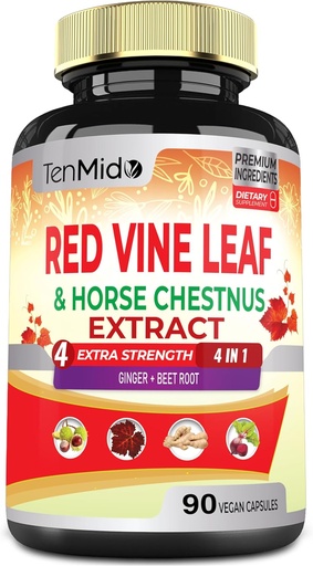 [BRSROZQ5AQGWYE3B] Red Vine Leaf Extract Capsules - with Horse Chestnut, Beet Root, Ginger - Herbal Supplement for Heart, Leg Vein & Energy - 90 Vegan Capsules for 45 Days