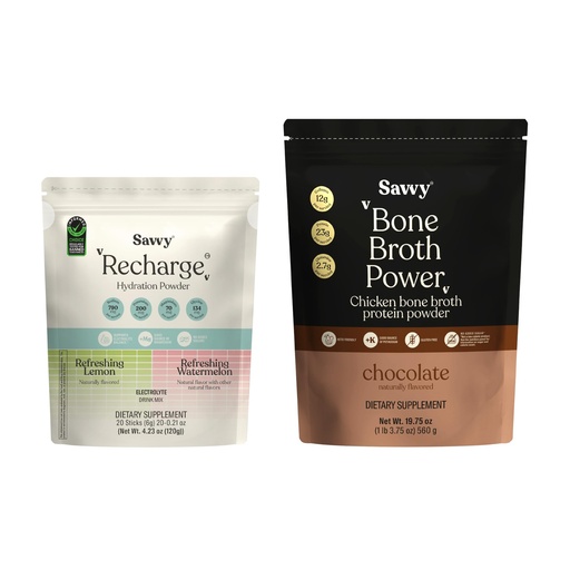 [BRSRGGIYCAHWYC3V] SAVVY Bone Broth Power Chocolate Protein Powder, 23g Protein, 12g Collagen & Recharge Electrolyte Powder, Sugar Free Hydration Drink with Sodium, Magnesium, Potassium (Variety (Lemon + Watermelon))