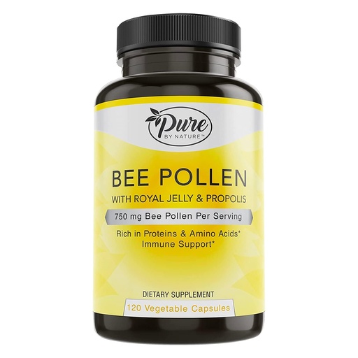[BRSWG2Y3BEBROYA3] Pure By Nature Bee Pollen Supplement with Propolis & Royal Jelly for Immune Support, Antioxidant Properties, 120 Non-GMO Vegetarian Capsules
