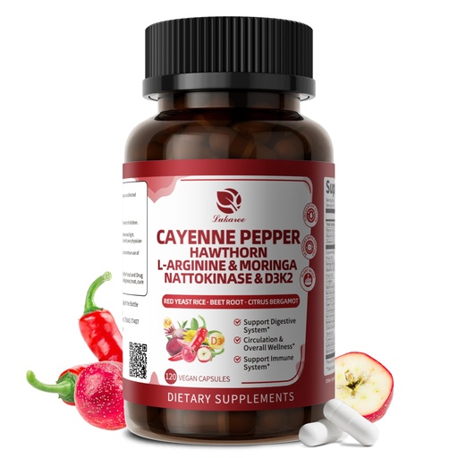 [BRSREZIFAECWCH3J] Cayenne Pepper Enteric-Coated Capsules - 18 in 1 Concentrated Complex w/High Potency Nutrient Moringa, Hawthorn, L-Arginine & D3K2 - Supports Circulation, Heart & Digestion* - Natural | GMP, 120 Ct