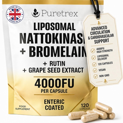 [BRSRGEIOCEOQOEI4] Liposomal Nattokinase 4000 FU + Bromelain 200mg, with Rutin + Grape Seed Extract, Enteric Coated Capsules, Circulation & Cardiovascular Support Supplement, Non GMO, Made in UK, 120 Capsules