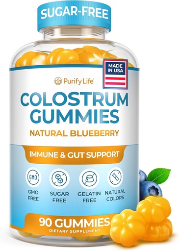 [BRSRAY3RB4FRMEQY] Sugar-Free Colostrum Gummies (1500mg) Bovine Colostrum for Humans, Grass-Fed Supplement for Gut Health, Leaky Gut Repair, Immune Support, Skin Health - 35% IgG Per Serving
