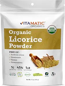[BRSW2ED7AQFR6ALK] Vitamatic Certified USDA Organic Licorice Root Powder – 1 lb (16 oz) Also Known as Malethi or Mulethi | Pure Glycyrrhiza Glabra | Supports Respiratory, Digestive, & Immune Health