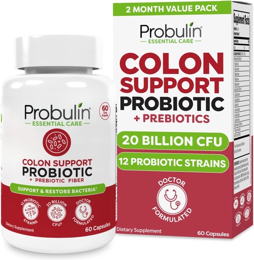 [BRSRAFQYB5YQGDI3] Probulin Colon Support Probiotic Supplement, Daily Gut, Digestive, and Immune Health Probiotics Capsules for Men and Women, 20 Billion CFU, Vegan, 60 Count Bottle