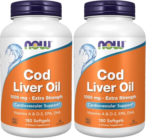 [BRSRGGQKBECWOHT3] NOW Foods Supplements,Cod Liver Oil,Extra Strength 1,000 mg with Vitamins A & D-3,EPA,DHA,180 Softgels,(Pack of 2)