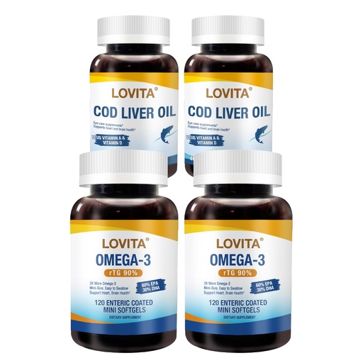 [BRSRGHYBPNYA2FD7] LOVITA Double Defense Bundle - 2 Fish Oil & 2 Cod Liver Oil, Burpless EPA/DHA with Natural Vitamin A & D (4 Pc Set)