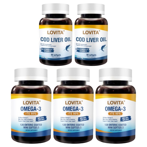 [BRSRGHYBOZ5BU2QU] LOVITA Daily Wellness Bundle - 3 Fish Oil (120ct) & 2 Cod Liver Oil (90ct), High Potency Omega-3 with VIT A & D (5 Pc Set)