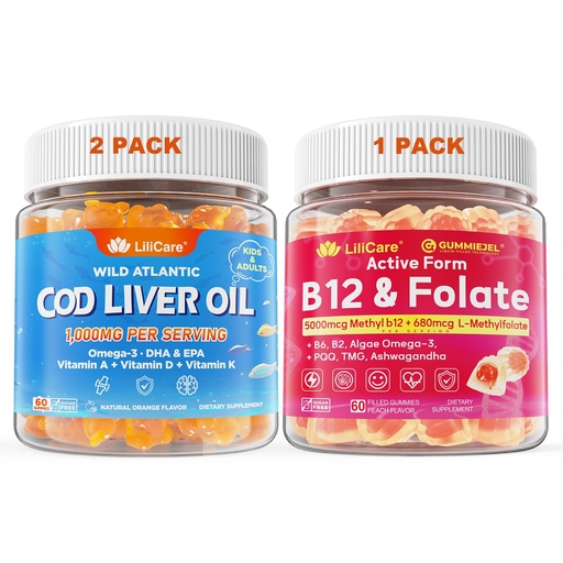 [BRSREAITBEBR6FI7] LILICARE Bundle Cod Liver Oil Gummies 2 Pack& Adult Methyl B12 5000mcg + L-Methylfolate Gummies 1 Pack