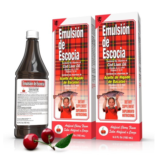 [BRSWYGIBCR5RU3TA] Emulsión de Escocia Cod Liver Oil with Vitamins A, D, E, B1 - Natural Cherry Flavor Fish Oil Omega-3 Dietary Supplement for Immune Support & Growth - Essential Nutrients - 6.5 oz (2-Pack)