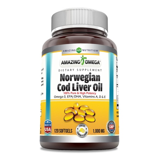 [BRSROYD5A54BG2T6] Amazing Omega Norwegian Cod Liver Oil 1000 Mg Softgels Supplement | Omega-3, EPA, DHA, Vitamin A, D & Vitamin E (Lemon | 120 Count)