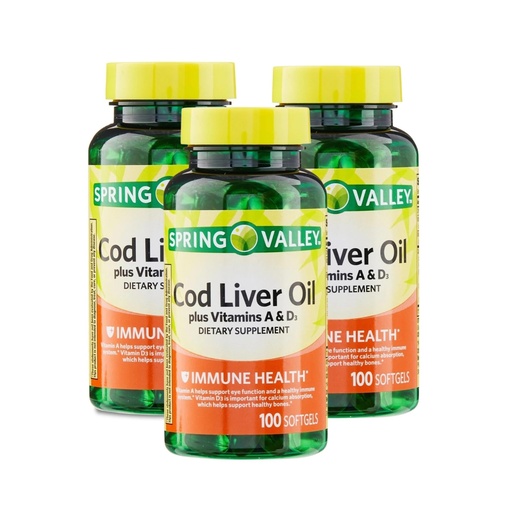 [BRSROATYPMFWAHLA] Cod Liver Oil Plus Vitamins A & D3, 100 Softgels - Dietary Supplement (Pack of 3)