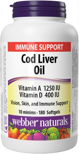 [BRSWI2QRPMCBEE3Y] Webber Naturals Cod Liver Oil 1250 IU/100 IU · Vitamin A and D, 180 Softgels