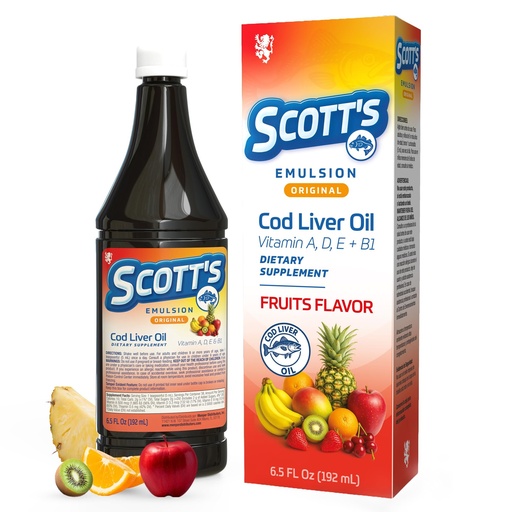 [BRSRGZ35PIJQ4DTA] SCOTT'S EMULSION Cod Liver Oil Liquid for Kids – Fruits Flavor – Supports Growth, Immunity & Bone Health – Rich in Omega 3 & Vitamins A+D – Easy-to-Take Fish Oil – 6.5 Fl Oz
