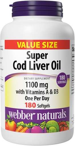 [BRSREZIQAAJQO3LO] Webber Naturals Super Cod Liver Oil Softgels with Vitamin A & Vitamin D, 1100 mg Cod Liver Fish Oil per Softgel, 180 Softgels, Value Size, Dairy, Gluten & Shellfish Free, Immune Support