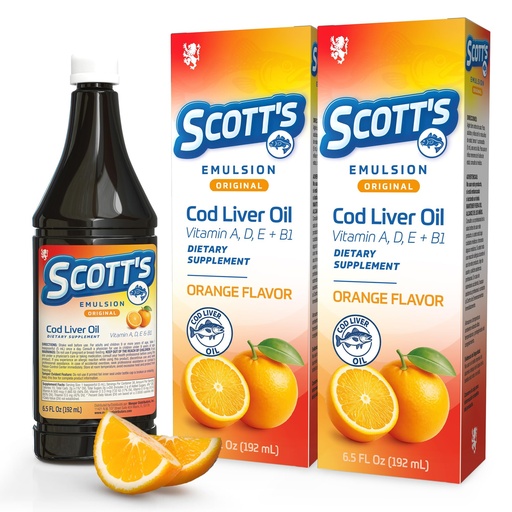 [BRSRGFINBUDRQHTG] SCOTT'S EMULSION Original Cod Liver Oil, Omega 3 Fish Oil with Vitamin D Supplement for Immune, Brain and Growth Support, Orange Flavor, 6.5 Fl Oz Bottles, Kid-Friendly Taste, 2-Pack