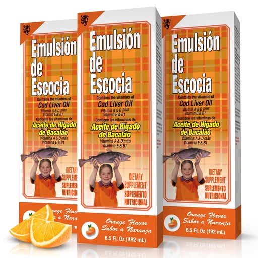 [BRSREFLRBMBB4CQ6] Emulsion de Escocia Cod Liver Oil Liquid with Vitamins A, D, E & B1, Omega-3 Fish Oil Supplement for Kids & Adults, Supports Immune & Bone Health, Orange Flavor, 6.5 Fl Oz Bottles, 3-Pack