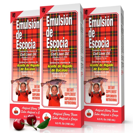 [BRSREFLQOYCQAETP] Emulsion de Escocia Cod Liver Oil Liquid with Vitamins A, D, E & B1, Omega-3 Fish Oil Supplement for Kids & Adults, Supports Immune & Bone Health, Cherry Flavor, 6.5 Fl Oz Bottles, 3-Pack