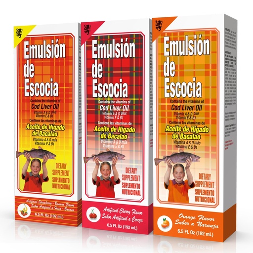 [BRSREZA7CJ5Q2HL3] Emulsion de Escocia Cod Liver Oil Liquid for Kids – Cherry, Orange & Strawberry Banana – Omega 3, Vitamins A, D, E & B1 – Dietary Supplement – 6.5 Fl Oz | 3-Pack