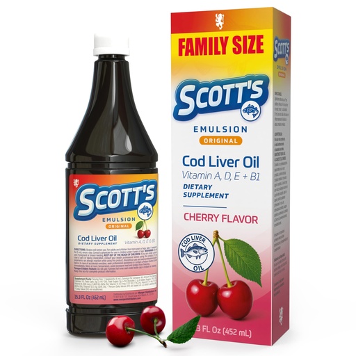[BRSRGZ37OAJQ4GT6] SCOTT'S EMULSION Cod Liver Oil Liquid – Cherry Flavor – Family Size – Supports Growth, Immunity & Bone Health – Rich in Omega 3 & Vitamins A+D – Easy-to-Take Fish Oil for Kids & Adults – 15.3 Fl Oz