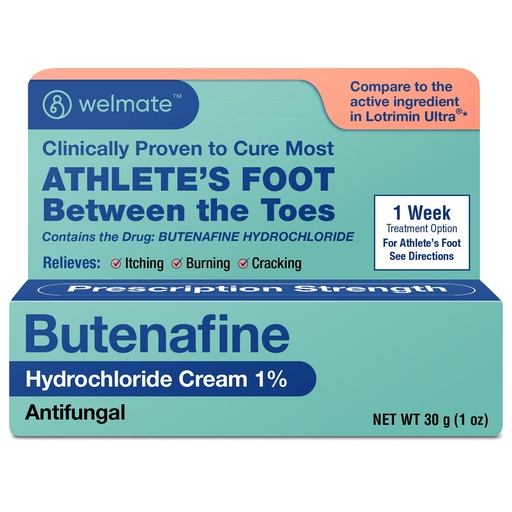 [BRSRAYIPBUPAY333] WELMATE Athletes Foot Treatment, Butenafine Hydrochloride 1% Prescription Strength - Antifungal Foot Fungus Cream, 1 Week, Greaseless & Odorless - Jock Itch, Ringworm Relief, 1 oz