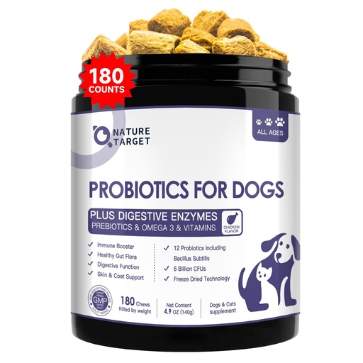 [BRSROBQBOIIRS3Y3] NATURE TARGET Probiotics for Dogs, 6 Billion CFUs, Freeze Dried Dog Probiotics with Prebiotics & Enzymes for Diarrhea, Gas, Vitamins & Omega 3 for Skin & Immune Health, Allergy Itch Relief, 180 Count