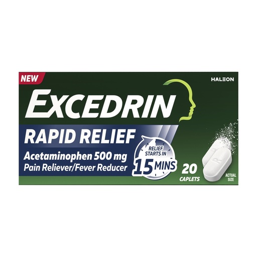 [BRSRAAICBUBBQFLJ] Excedrin Rapid Relief Caplets, 500mg Acetaminophen, Fast Pain Relief in 15 Minutes, 20 Count​