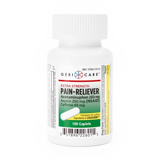 [BRSRMCQEOADWOHL2] GeriCare Pain Reliever Extra Strength Caplets – 100 Count – Acetaminophen 250mg, Aspirin 250mg (NSAID), Caffeine 65mg – Powerful Triple-Action Formula for Headaches, Migraines & Minor Aches