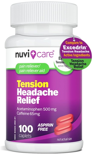 [BRSRAEI6PN5WYG3L] Nuvicare Tension Headache Relief Pills with 500mg Acetaminophen and 65mg Caffeine - Non Aspirin Pain Reliever Aid - Compare to Active Ingredient in Aspirin Free Excedrin Tension Headache (100 Caplets)