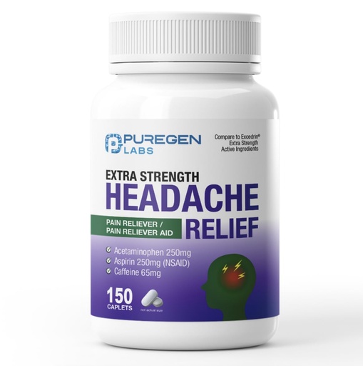 [BRSREHQFBYPWCC3G] Puregen Labs Extra Strength Headache Caplets, Aspirin 250 mg (NSAID), Caffeine 65 mg, 150 Count