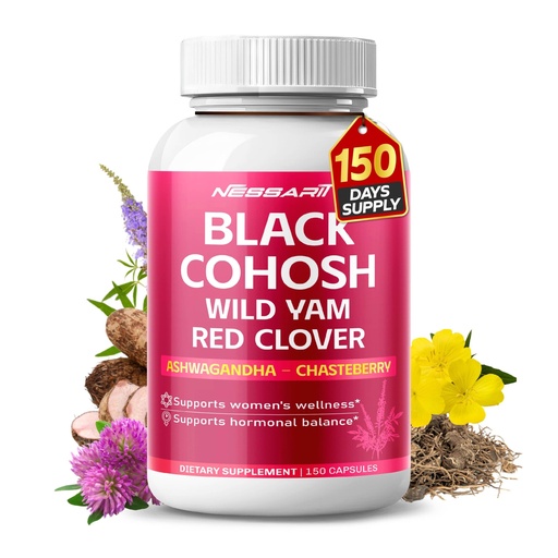 [BRSRAGAPOYFQY3D3] Black Cohosh 9,600mg* – Hormonal Balance Support with Wild Yam, Red Clover, Ashwagandha, Chasteberry & More – 150 Capsules