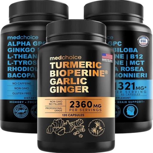 [BRSROGAFBUJRADQ7] MEDCHOICE Turmeric & Ginger (120ct) and Nootropic Brain (120ct) Supplement Bundle - Wellness Duo for Joint, Digestion, Brain, & Mood Support - Vegan, Non-GMO, Gluten-Free