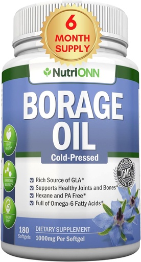 [BRSWGFQ5AVYQGDIU] Borage Oil - 1000 mg - 180 Softgels - Cold Pressed High GLA Borage Seed Oil - Hexane and PA Free - Great for Skin, Hair and Bones.