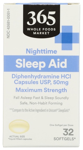 [BRSRAHD7BABAEAD4] 365 by Whole Foods Market Sleep Aid Diphenhydramine Soft Gels 50 MG, 32 CT